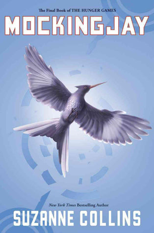 Cover of Mockingjay by Suzanne Collins, featuring a blue background with a white mockingjay in flight, holding an arrow.