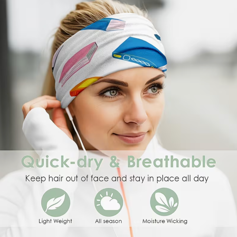 Colorful book lover wide headband shown on a woman with quick-dry breathable and moisture-wicking features