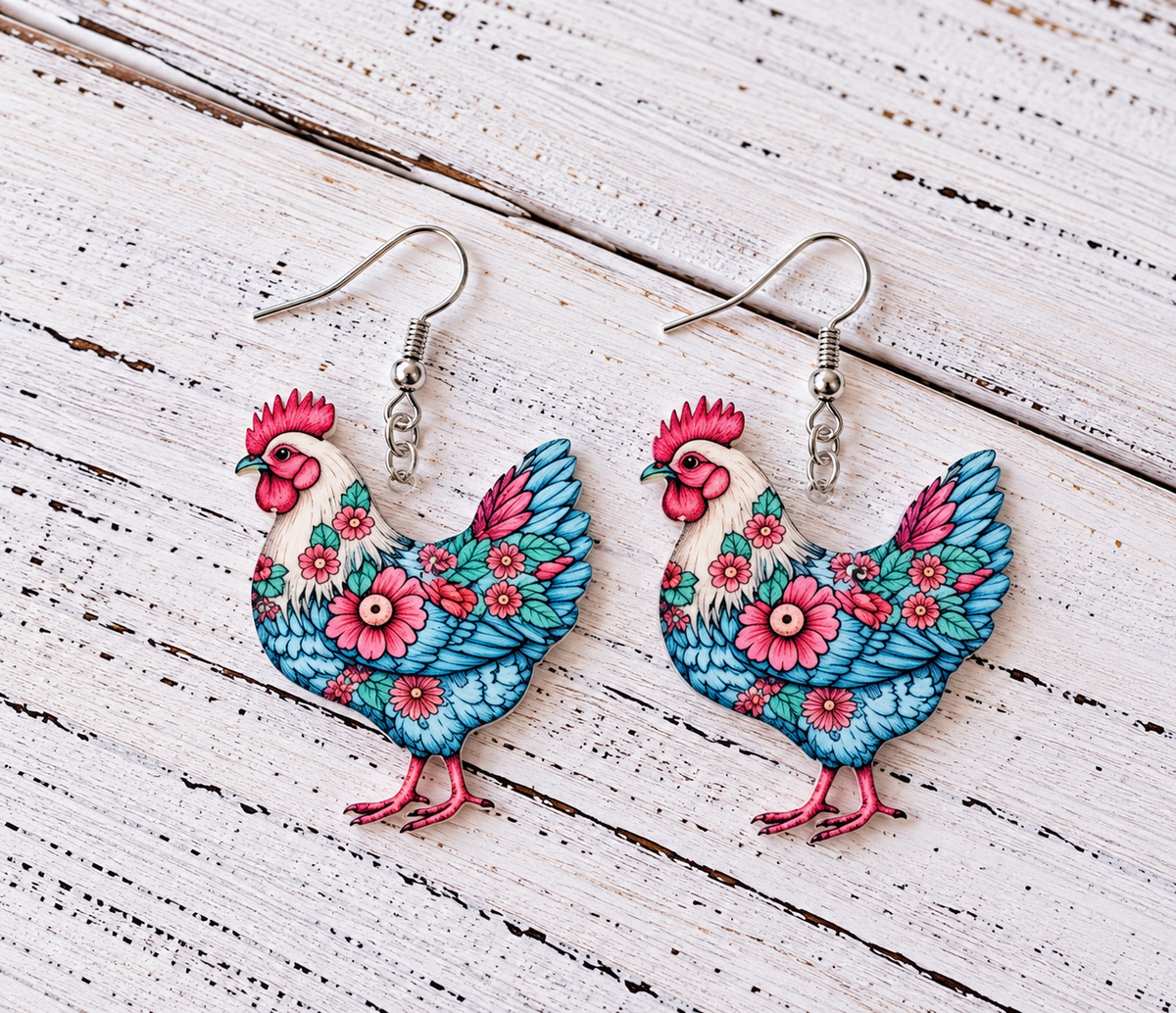 Colorful acrylic chicken dangle earrings with pink flowers and blue feathers