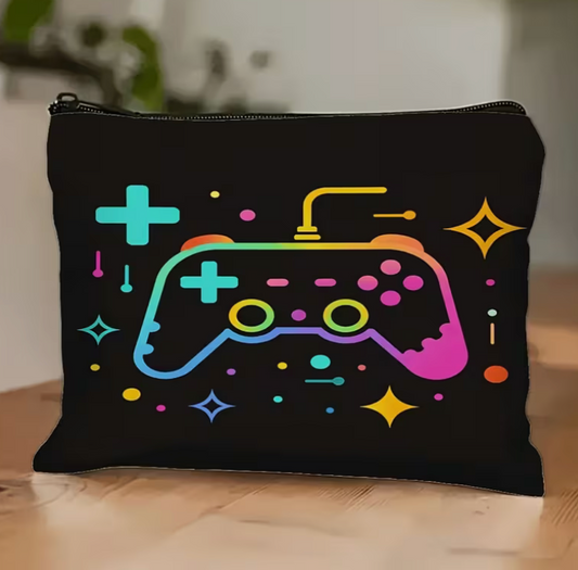 black zipper pouch featuring a colorful neon-style video game controller graphic with gaming-inspired symbols and shapes