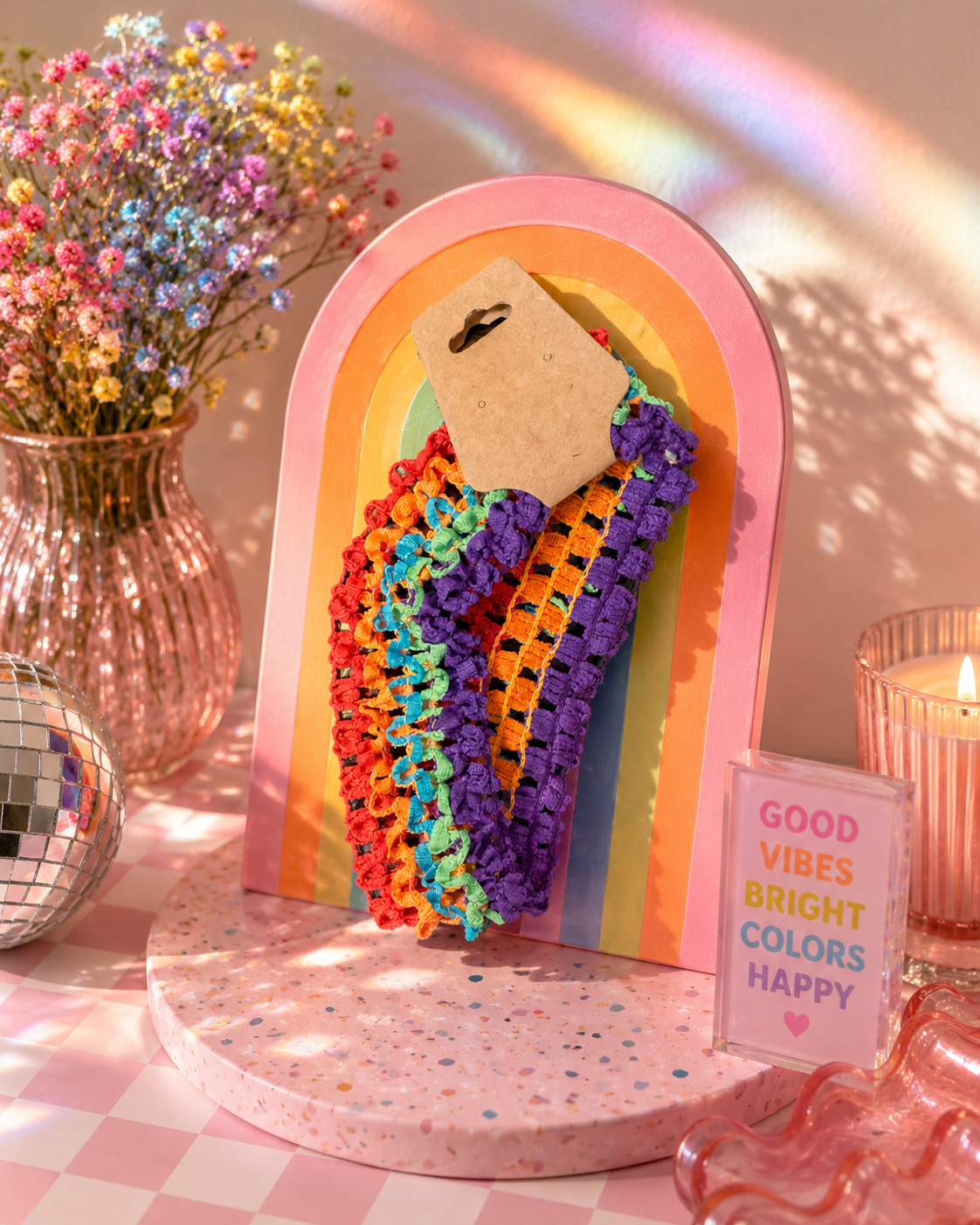 Colorful hair ties on a rainbow stand with decorative items in the background
