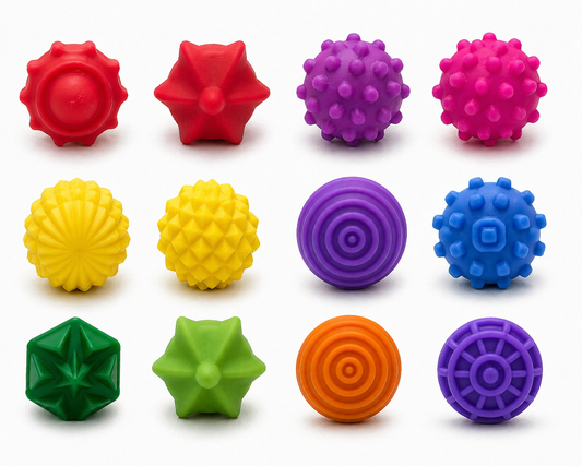 Assorted colorful silicone fidget rings with various textured designs arranged in a grid on a white background