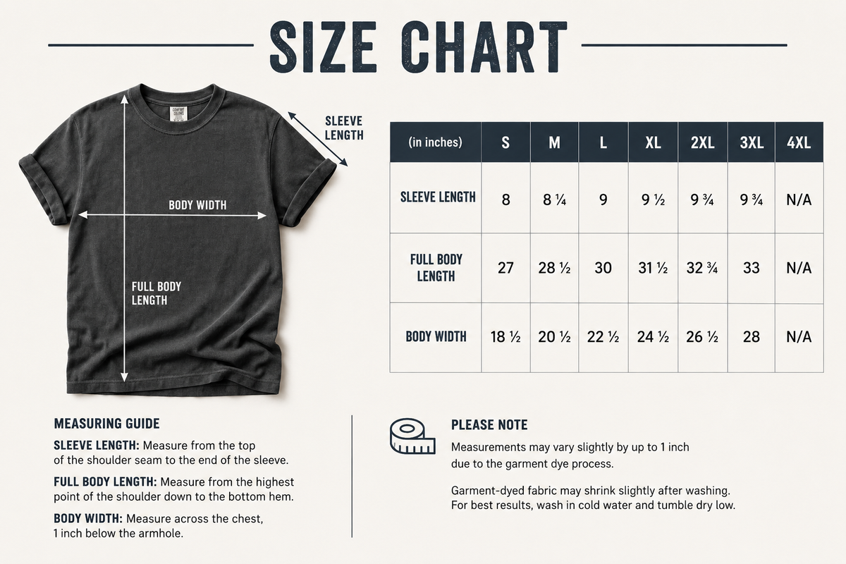 Size chart for a t-shirt with measurements and a black t-shirt on a white background