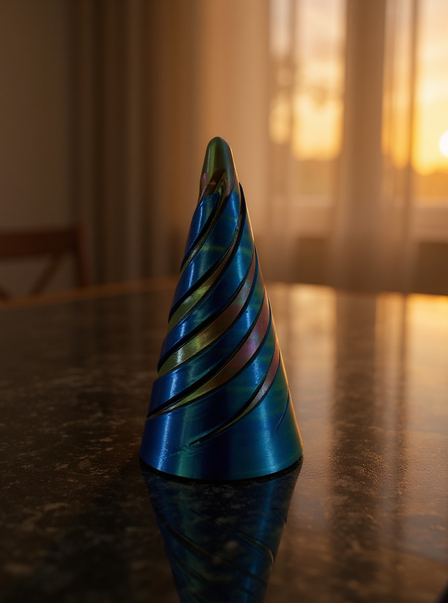 Blue metallic 3D printed cone fidget puzzle standing on a table with a warm sunset glow behind it.