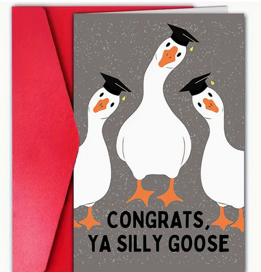 Graduation card with playful text that reads Congrats Ya Silly Goose in fun, bold lettering—perfect for a lighthearted celebration.