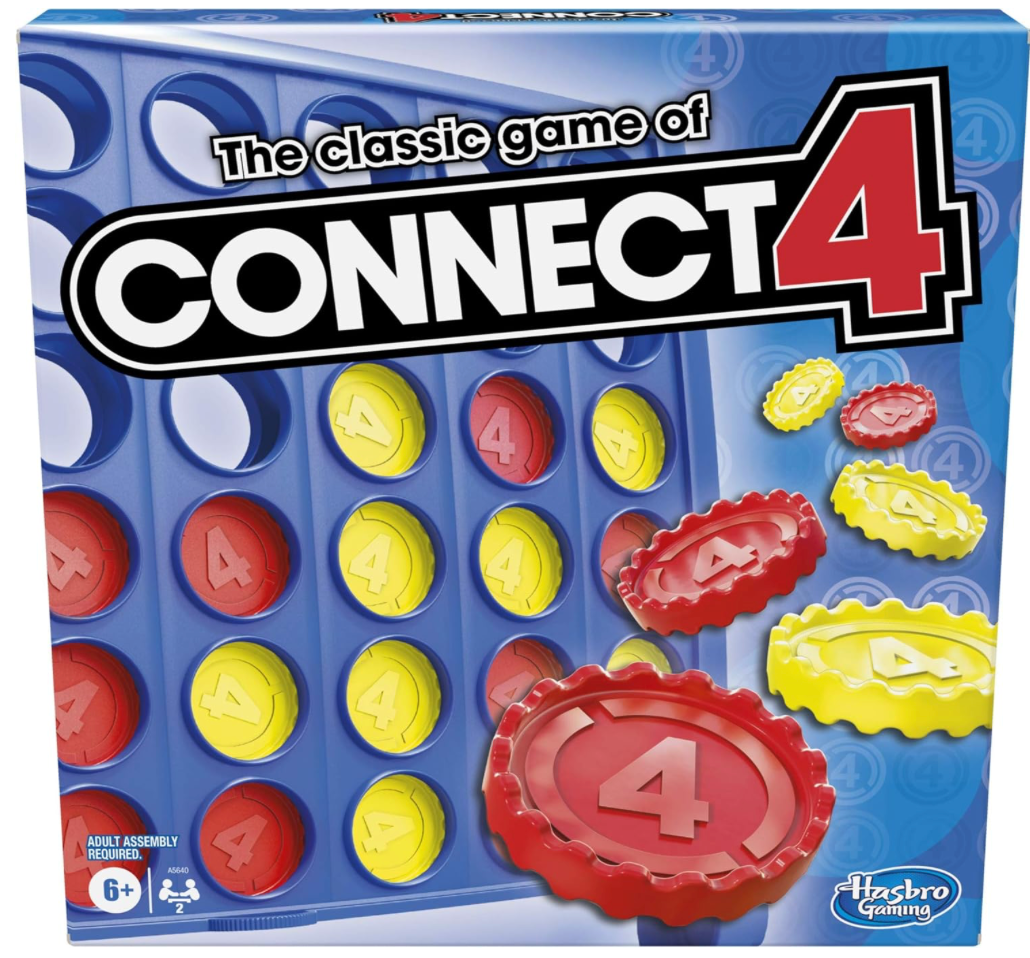 Connect 4 game box with red and yellow disks on a blue background