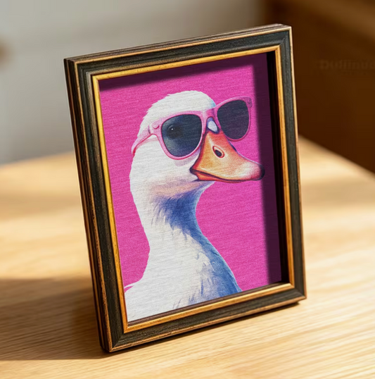 Wooden refrigerator magnet featuring a white goose wearing pink sunglasses against a bright pink background in a decorative frame.
