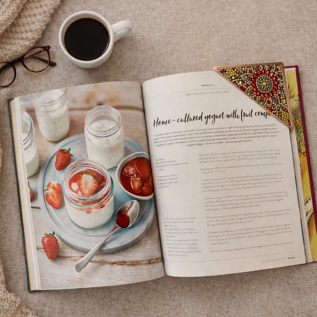 Overhead bookish flatlay of an open cookbook on neutral fabric, featuring a colorful beaded corner bookmark clipped to the top right page, with yogurt and strawberry recipe photos visible.