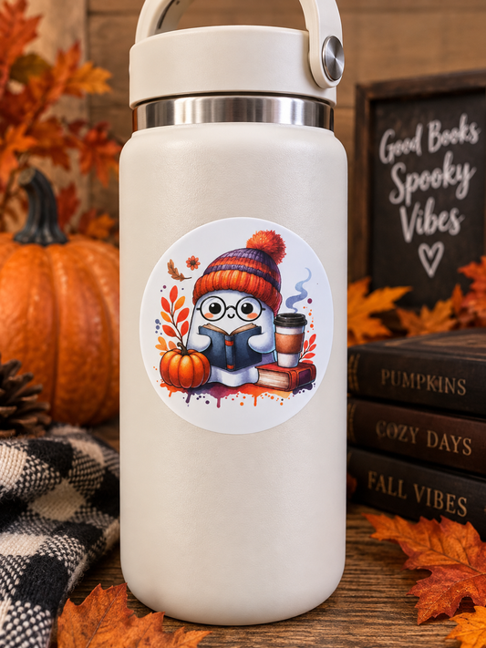 Cozy fall reading ghost 3 inch sticker with books pumpkin warm drink and orange purple knit hat