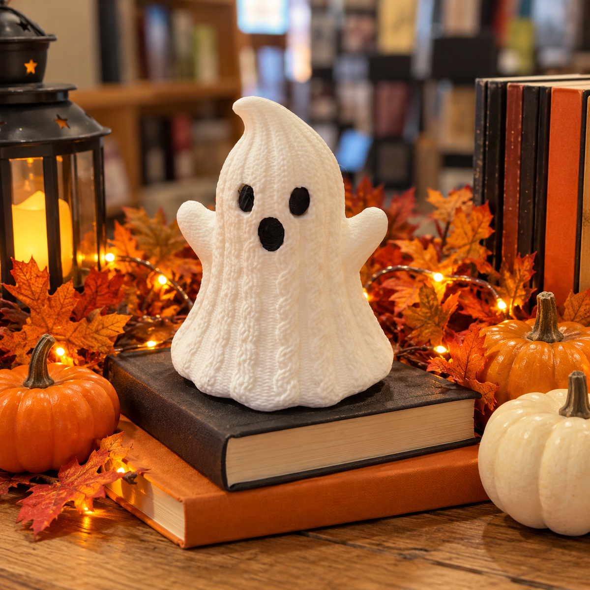 Cute white Halloween ghost figurine with cable-knit sweater texture, black eyes, and raised arms displayed on a stack of books surrounded by pumpkins and autumn decorations.