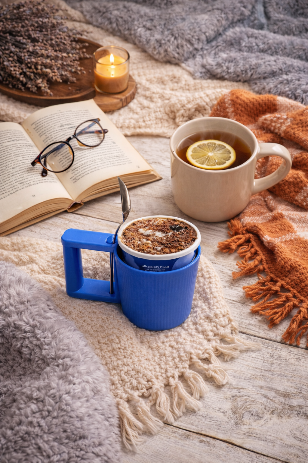 Cozy reading flatlay featuring a blue mug holding a candle with a spoon, an open book with glasses, a lit candle, tea with lemon, and layered knit blankets for a warm, bookish atmosphere