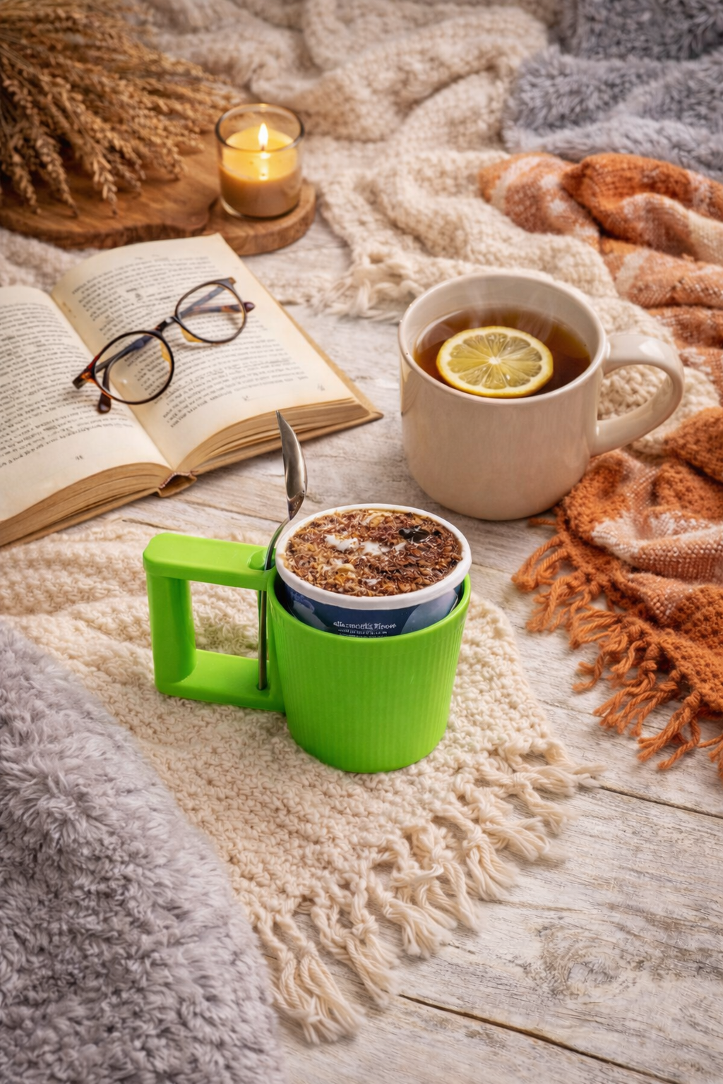 Cozy reading flatlay with a green mug holding a candle and spoon, an open book with reading glasses, a cup of tea with lemon, a lit candle, and layered knit blankets for a warm, relaxed bookish vibe