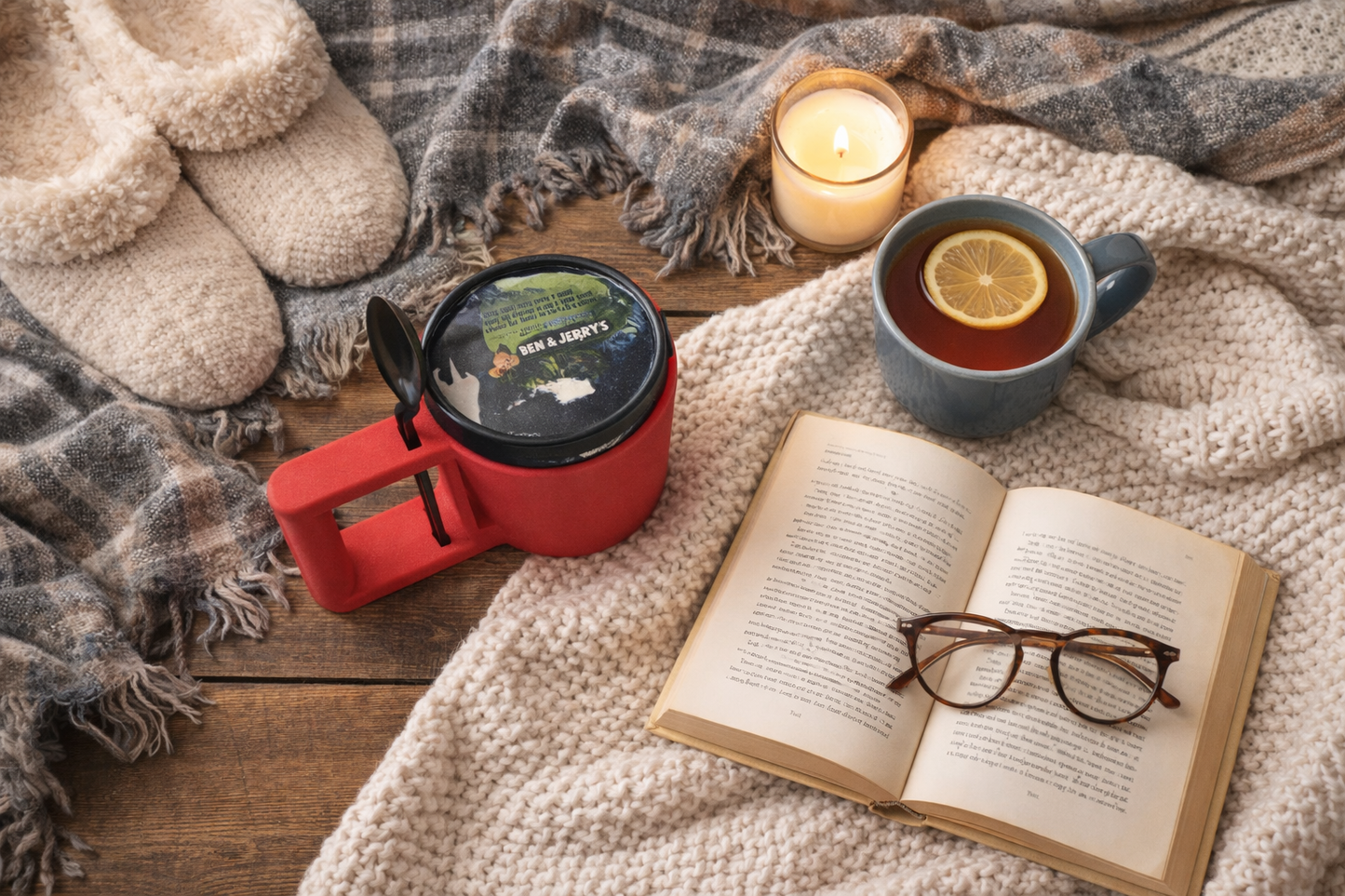 Cozy reading flatlay with a red mug holding a candle and spoon, an open book with reading glasses, a mug of tea with lemon, a lit candle, soft knit blankets, and fuzzy slippers creating a warm, relaxing atmosphere