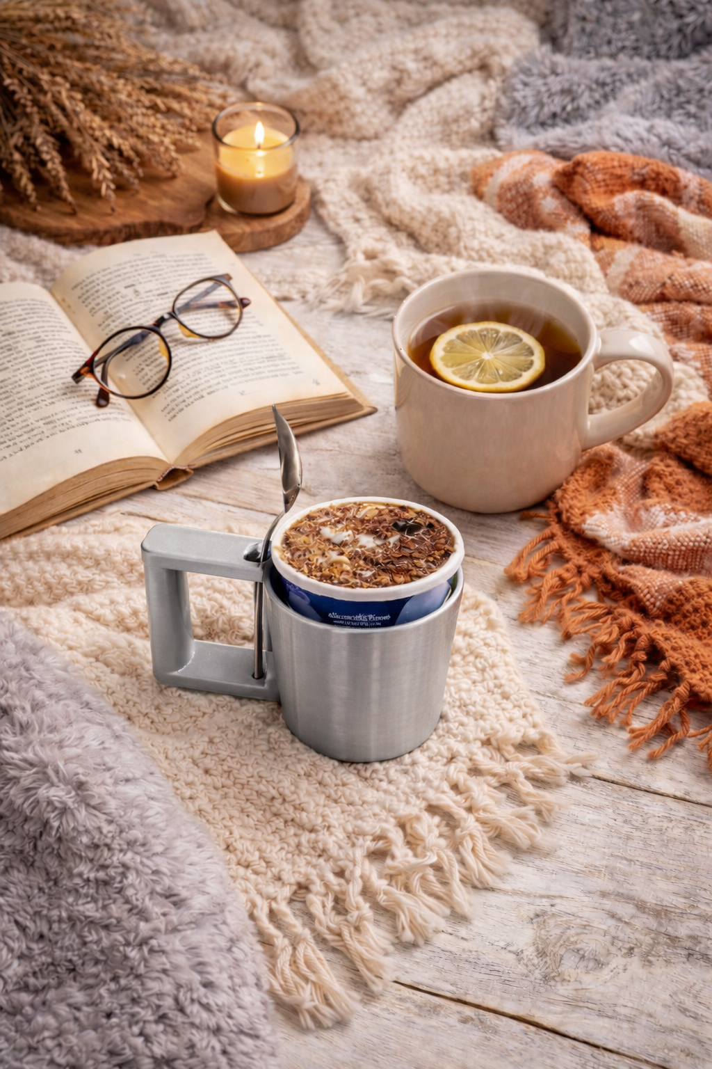 Cozy reading flatlay featuring a silver mug holding a candle with a spoon, an open book with reading glasses, a mug of tea with lemon, a lit candle, and layered knit blankets creating a warm, relaxed bookish atmosphere