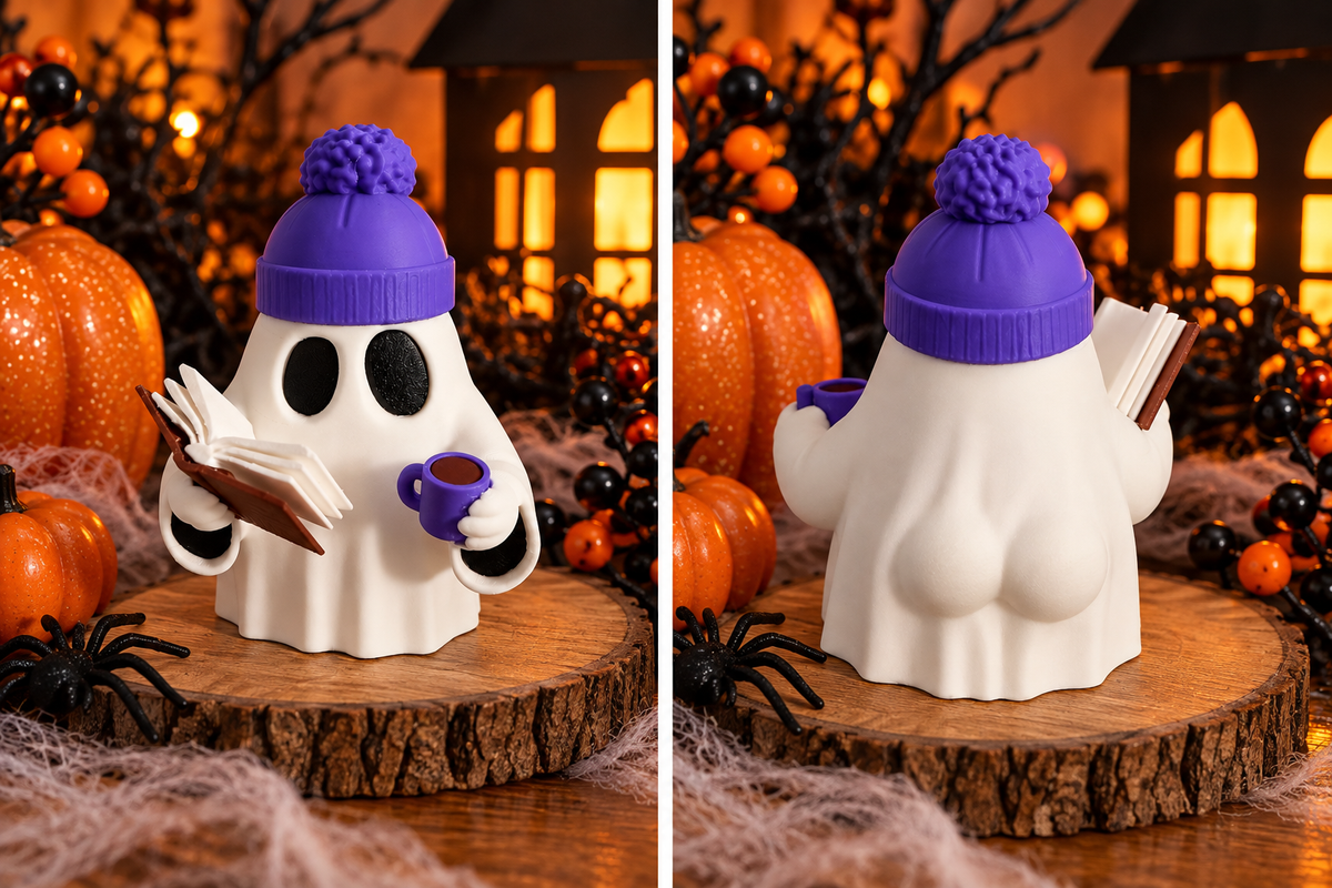 Cute white Halloween ghost figurine wearing a purple pom-pom beanie, holding an open book and purple coffee mug; rear view of cozy Halloween ghost figurine with purple knit-style hat, holding a book and mug, displayed with pumpkins and fall decorations.