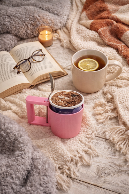 Cozy reading flatlay featuring a pink mug holding a candle with a spoon, an open book with glasses, a cup of tea with lemon, and soft blankets creating a warm reading atmosphere