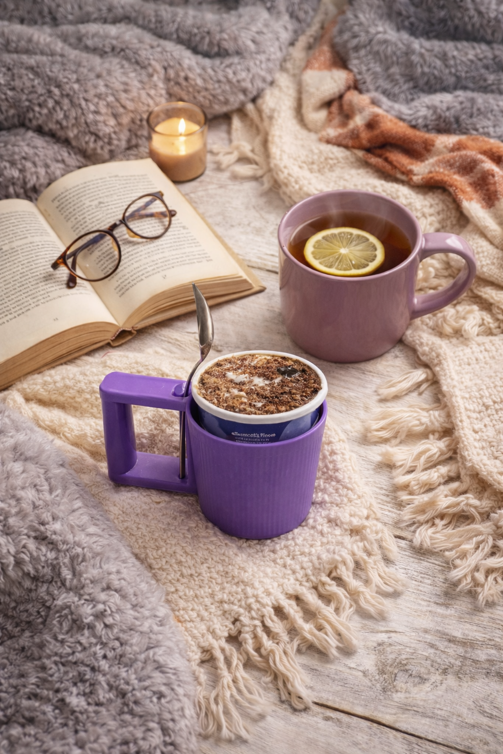 Cozy reading flatlay with a purple mug holding a candle and spoon, an open book with glasses, a lit candle, tea with lemon, and layered blankets creating a warm, relaxing reading scene