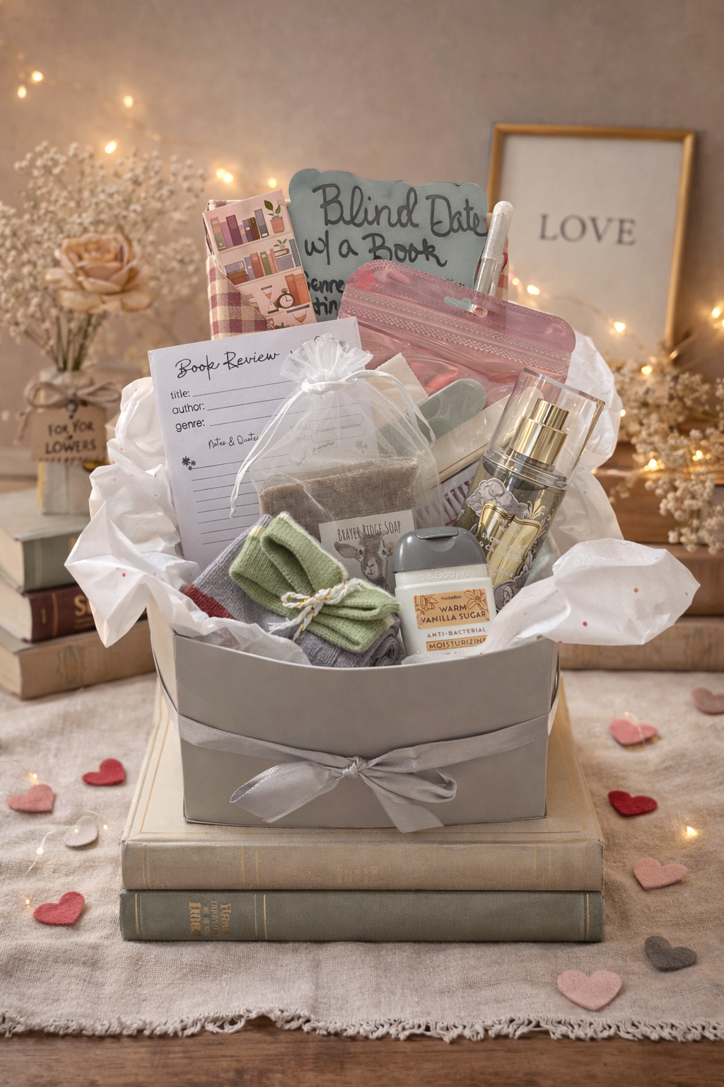 Gift basket with books and stationery items on a wooden table with heart-shaped decorations.