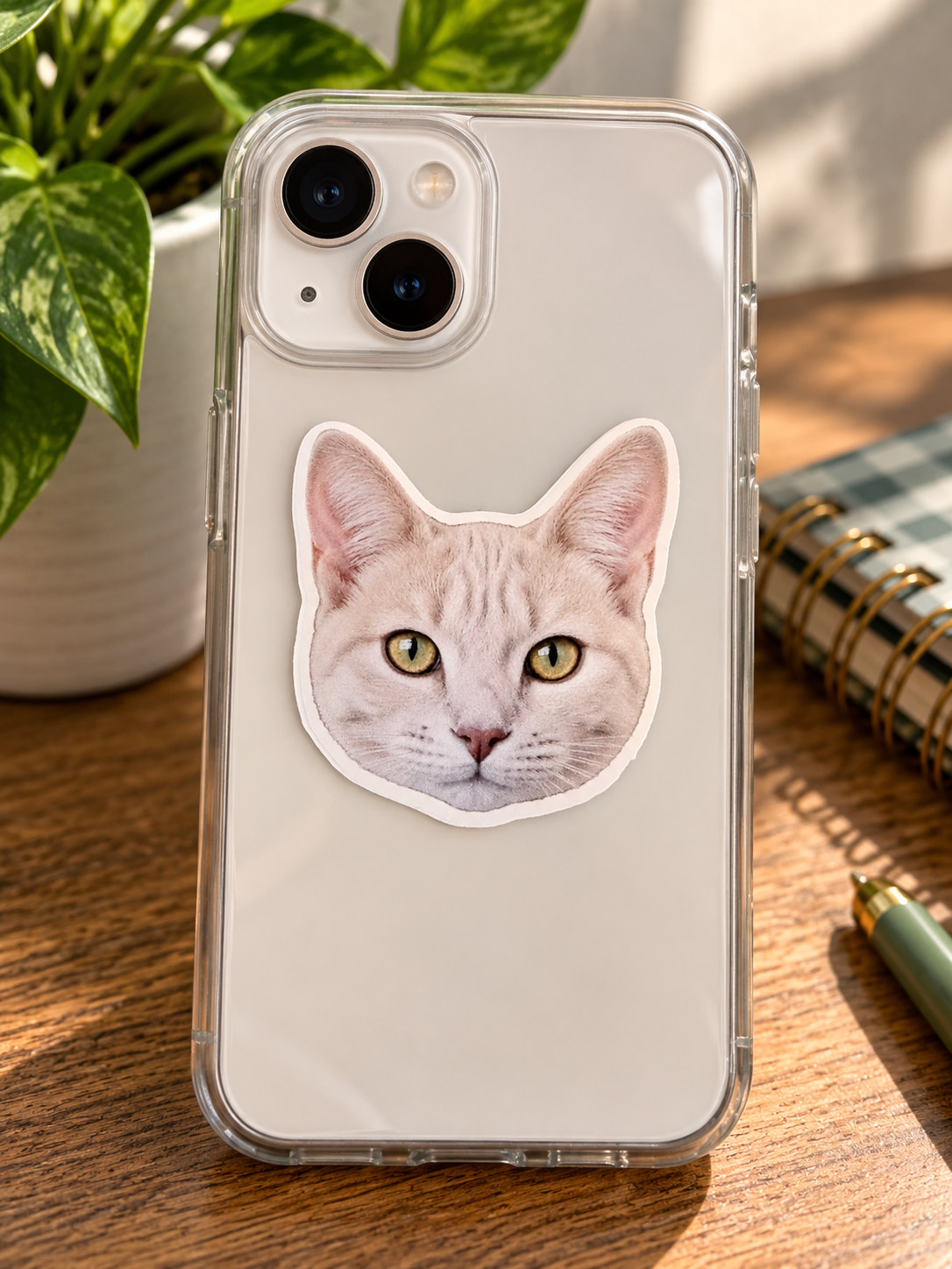 Cute 2-inch die-cut cat face sticker featuring a cream-colored tabby cat with golden-green eyes and a pink nose, displayed on a clear phone case