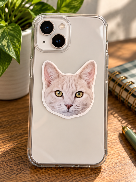 Cute 2-inch die-cut cat face sticker featuring a cream-colored tabby cat with golden-green eyes and a pink nose, displayed on a clear phone case