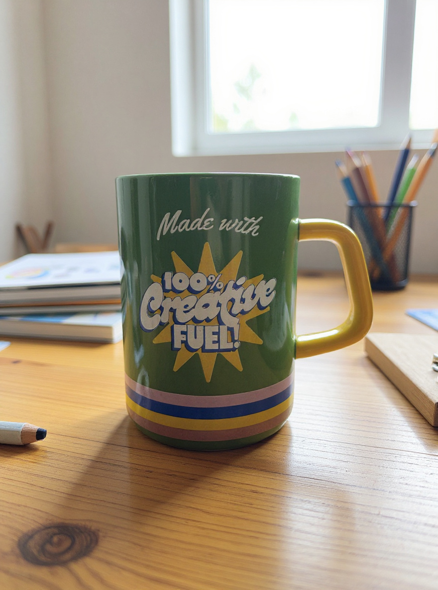 green mug with Creative Fuel artwork on desk near window and pencils