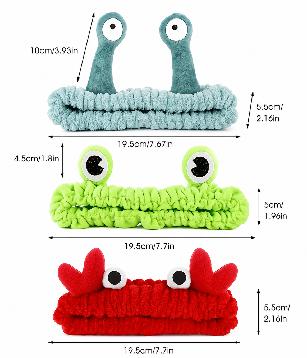 Soft microfiber spa headbands featuring cute frog, snail, and crab designs for makeup application, skincare routines, face washing, and spa use.