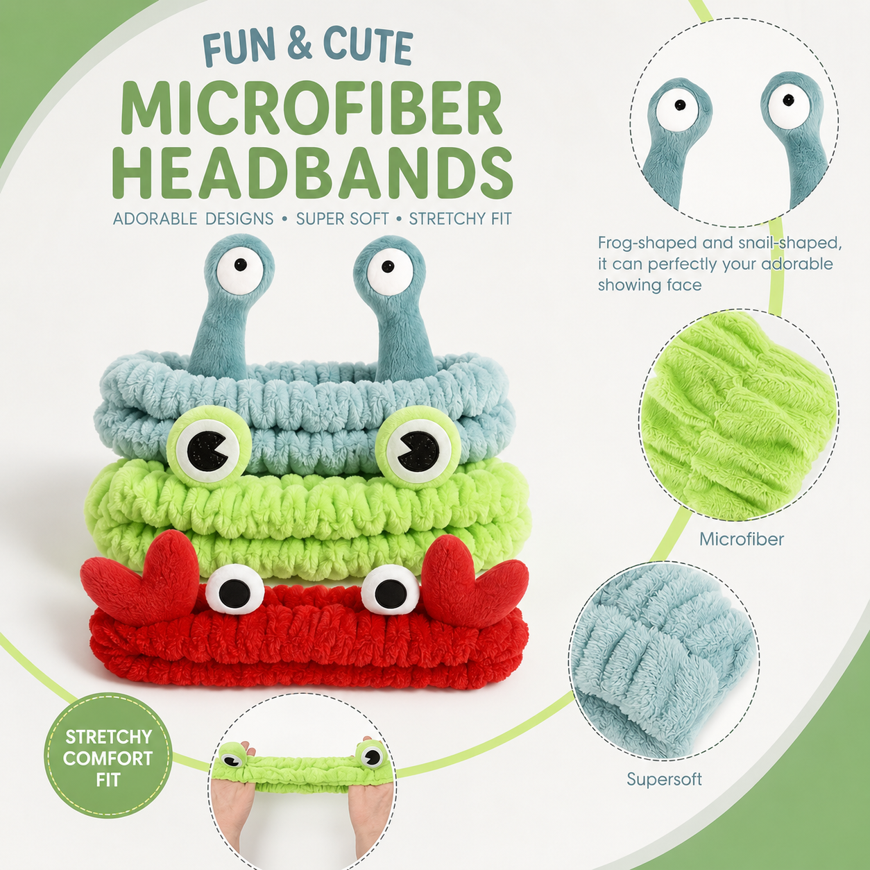 Soft microfiber spa headbands featuring cute frog, snail, and crab designs for makeup application, skincare routines, face washing, and spa use.