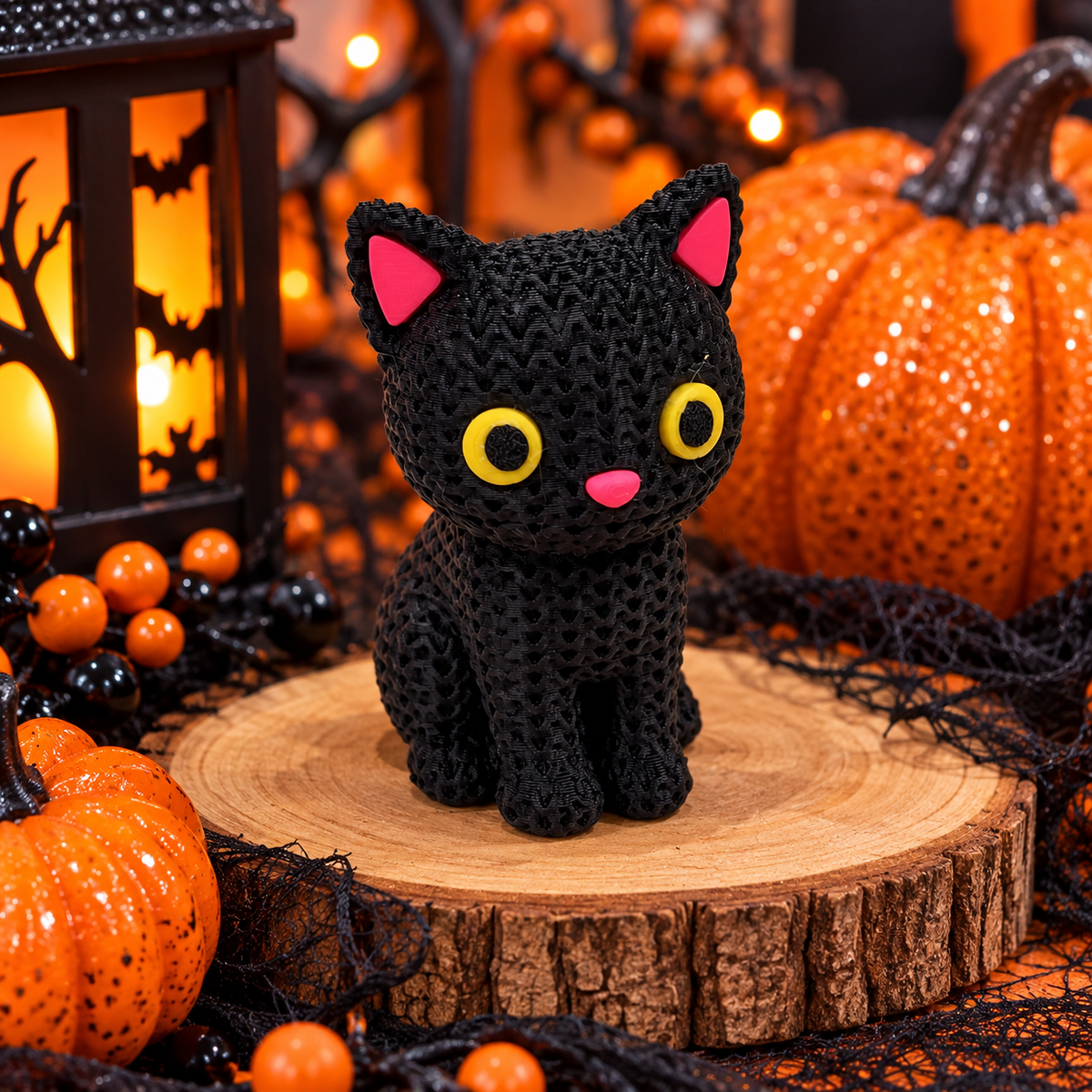 Cute miniature black cat 3D printed figurine with a textured design, perfect for Halloween decor, desk accessories, and cat lover gifts.