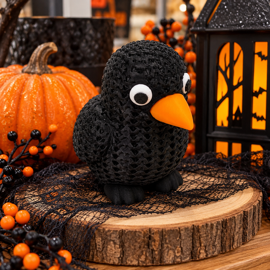 Cute black 3D printed crow fidget toy with googly eyes and orange beak displayed on a rustic wooden stand surrounded by Halloween pumpkins and decorations.