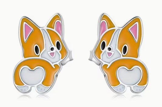 Cute corgi enamel stud earrings with orange and white cartoon puppy design displayed on a neutral background