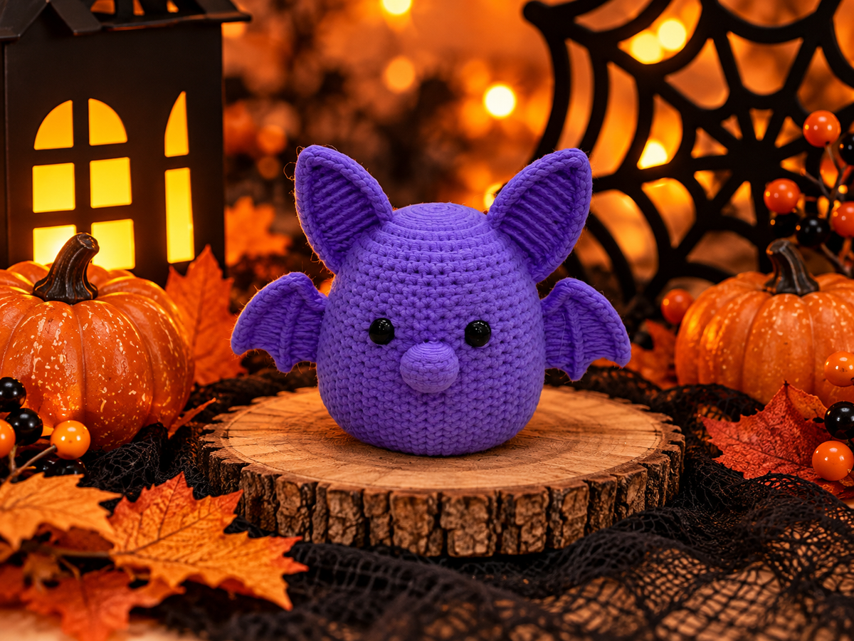 Cute purple crochet-style Halloween bat figurine with oversized pointed ears, tiny wings, and black eyes displayed with pumpkins and spooky fall decorations.