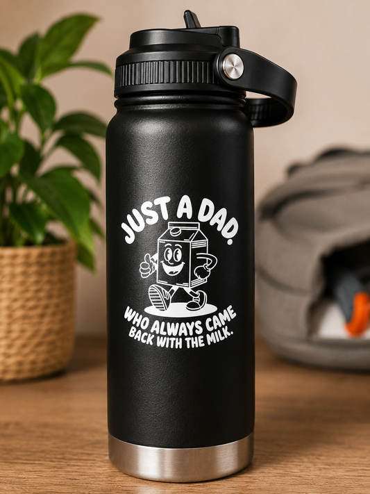 Black insulated water bottle featuring a funny dad UV-DTF decal with retro milk carton artwork