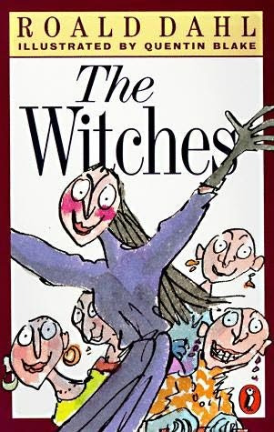 Book cover of 'The Witches' by Roald Dahl, illustrated by Quentin Blake, with a cartoon witch and children on a red background.