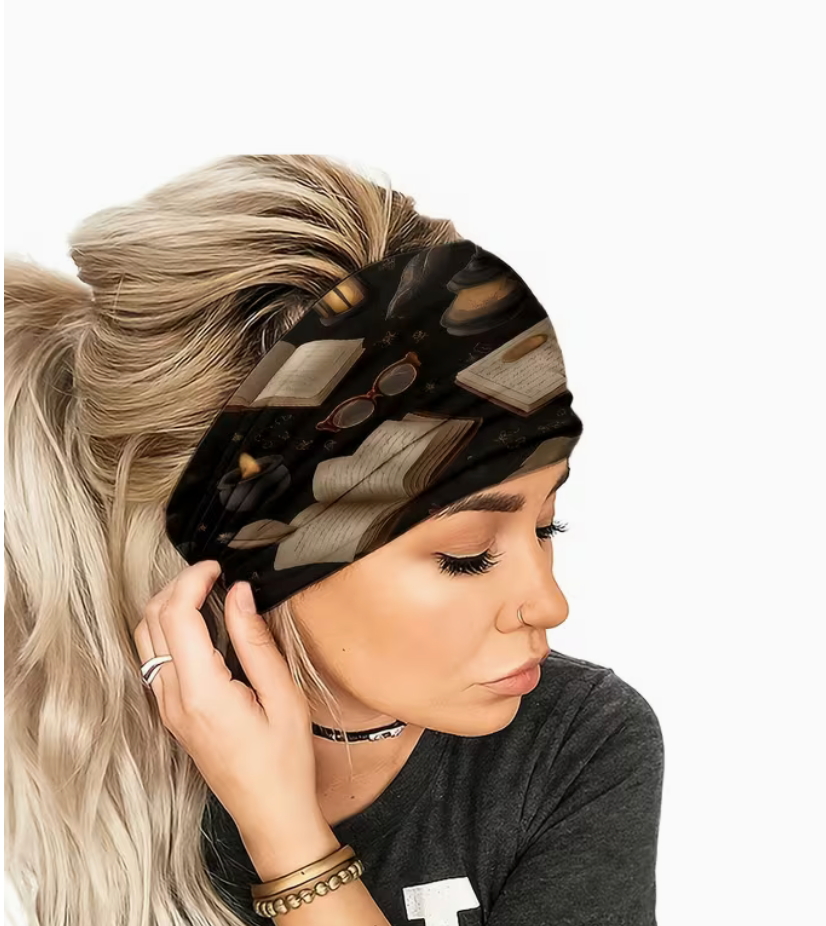Woman wearing a dark academia bookish wide headband featuring books, quills and vintage literary designs