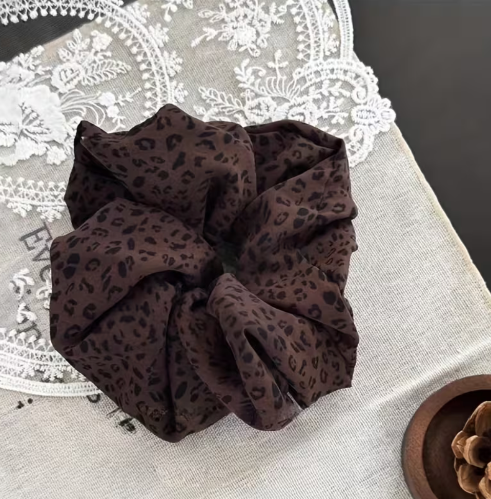 Oversized dark brown leopard print fabric scrunchie