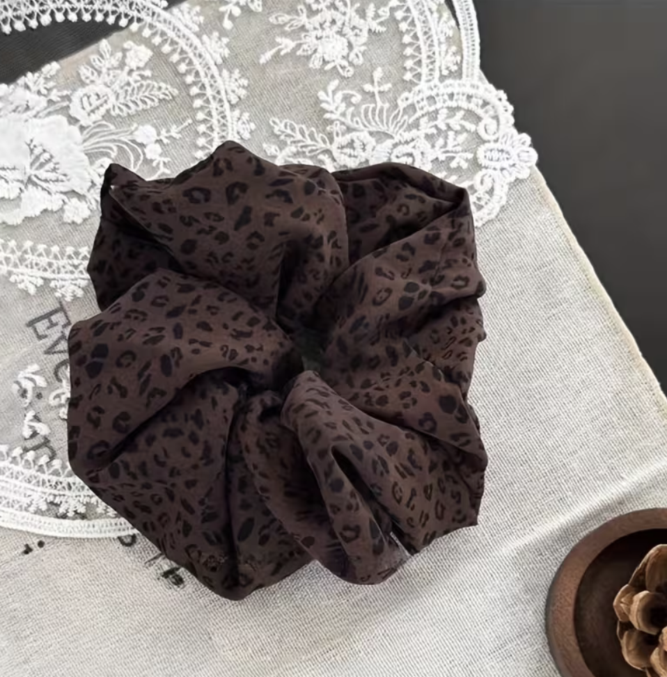 Oversized dark brown leopard print fabric scrunchie