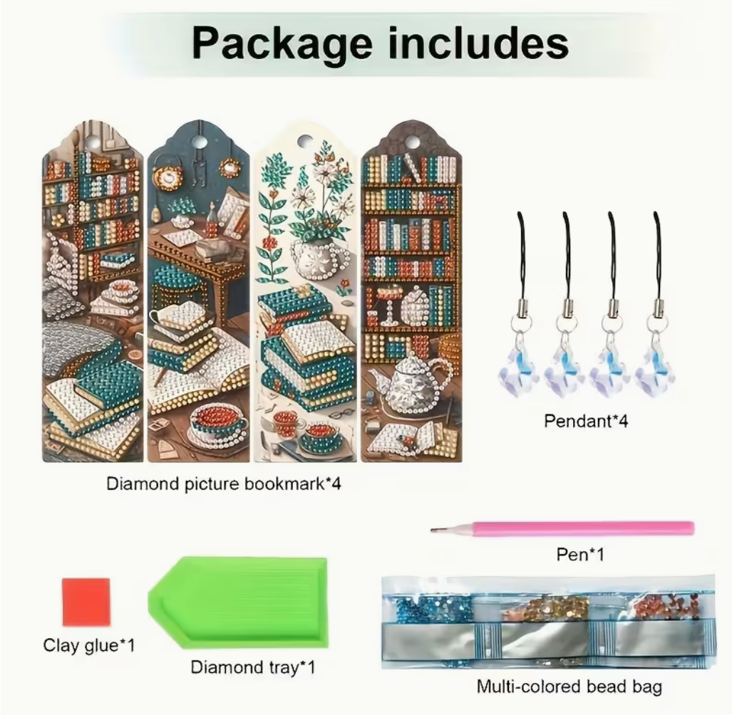 Bookish diamond art bookmark kit with four bookmarks, crystal pendants, diamond painting pen, tray, wax and assorted resin gems