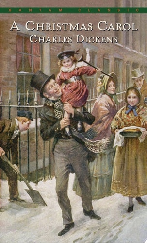 Front cover of A Christmas Carol by Charles Dickens displayed on a classic winter background, timeless Christmas novella