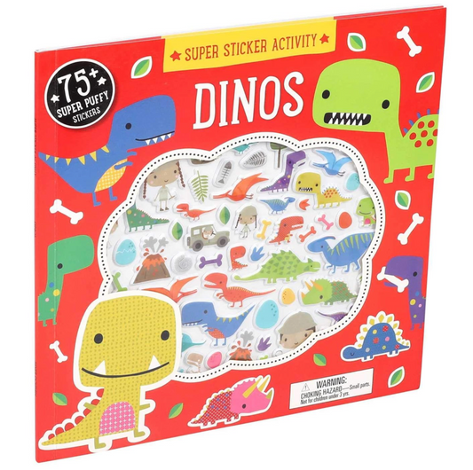 dinos super sticker activity book front cover with colorful cartoon dinosaurs