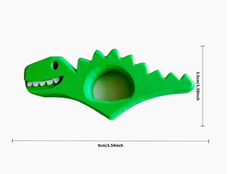 green dinosaur thumb bookmark with size measurements for ergonomic reading accessory
