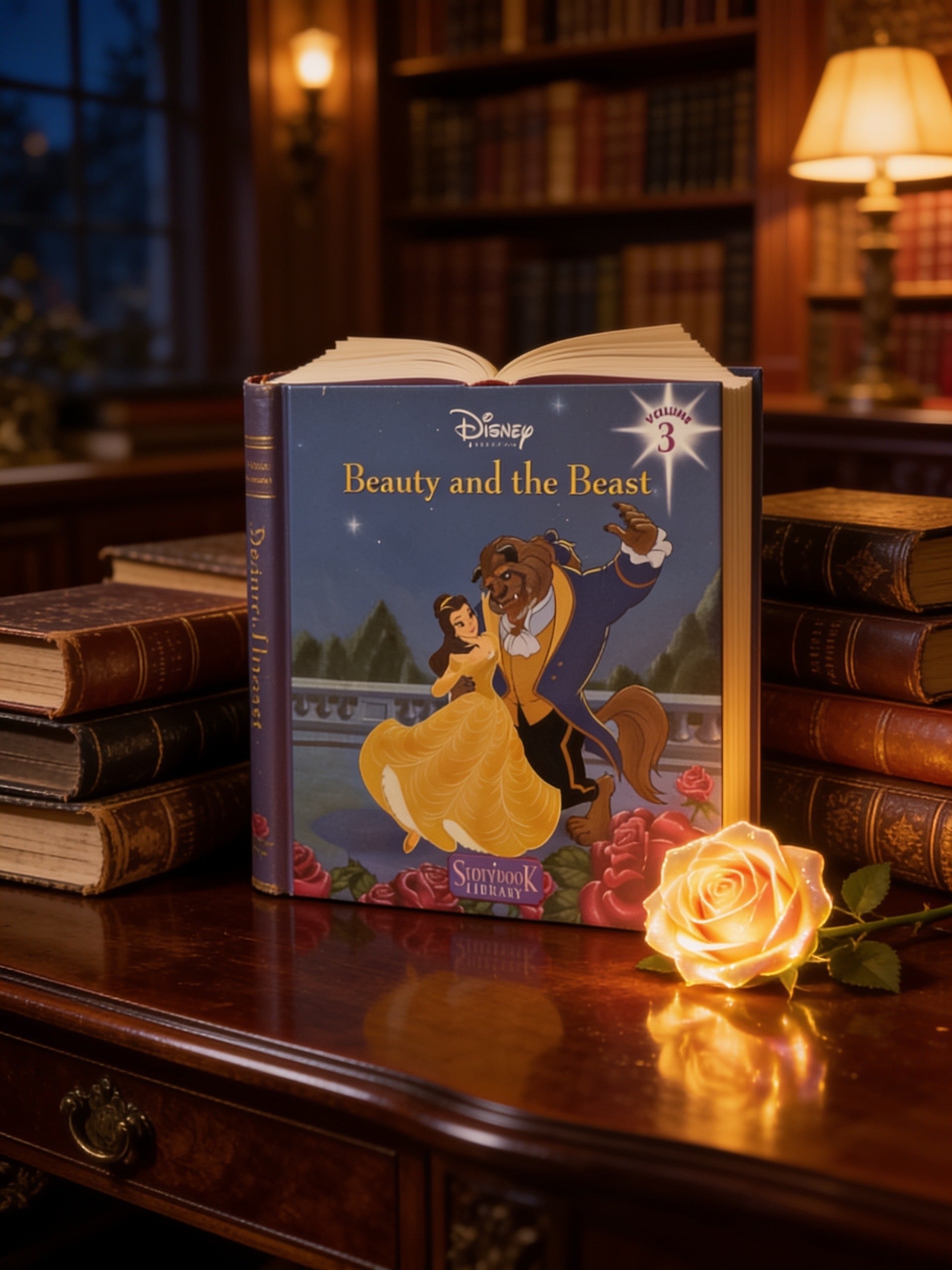 Cover of Disney's Beauty and the Beast from Advance Publishers, a children's storybook featuring Belle, the Beast, an enchanted castle, magical adventures, and lessons about kindness, acceptance, and inner beauty.