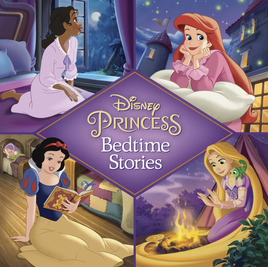 Disney Princess Bedtime Stories book cover with characters in a cozy room.