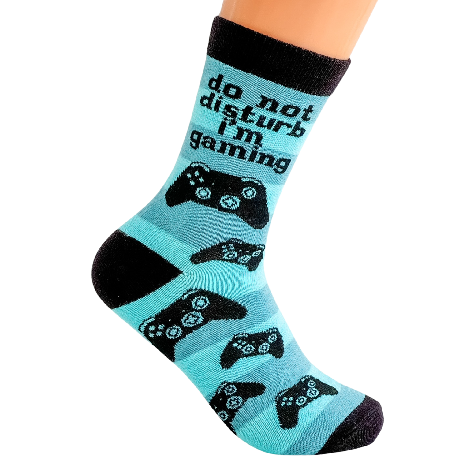 Single blue Do Not Disturb I’m Gaming crew sock worn on a leg, featuring black game controller pattern and black cuff and toe on a white background.