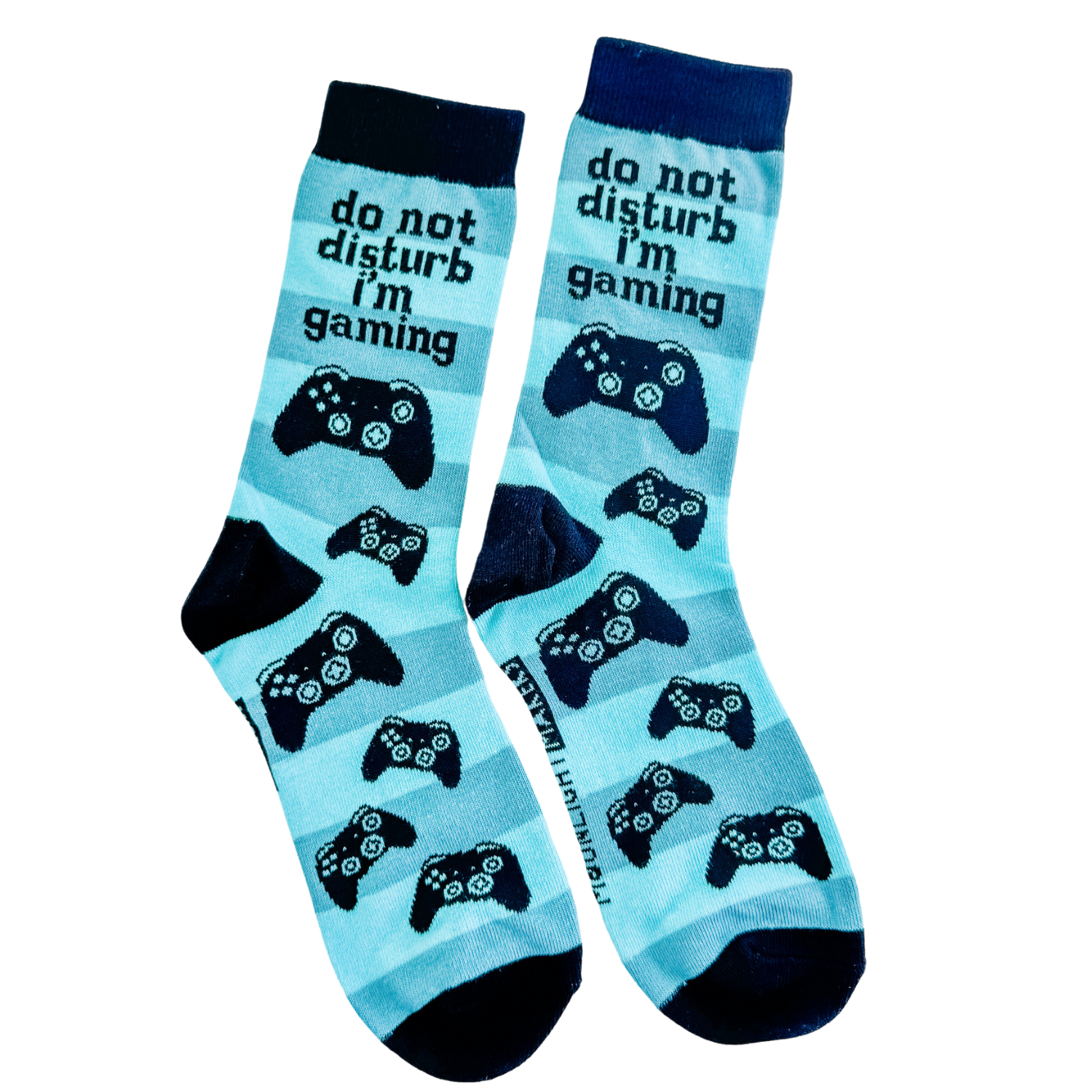Do Not Disturb I’m Gaming blue crew socks with black game controller pattern, shown as a pair on a white background by Moonlight Makers.