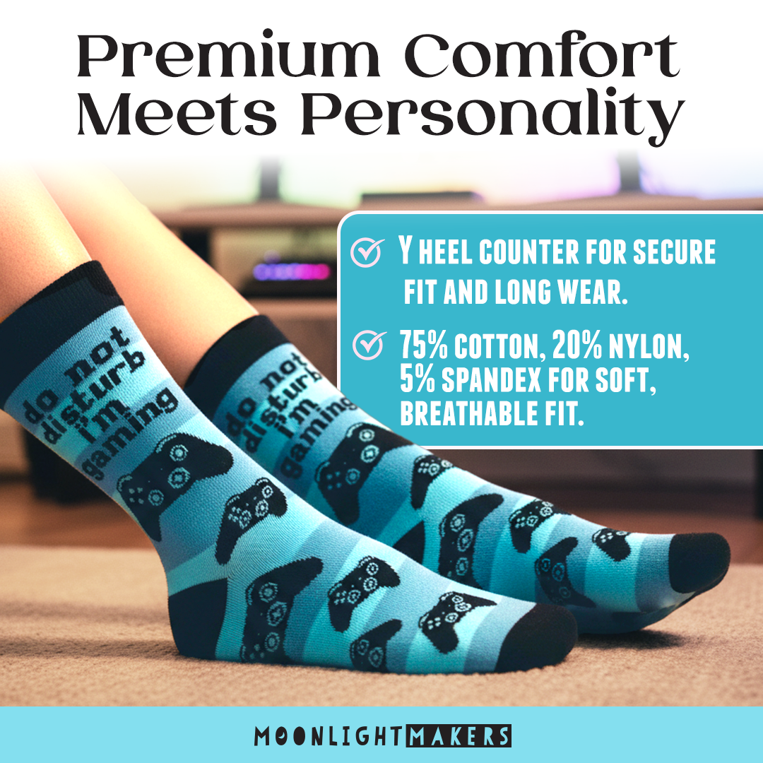 Lifestyle image of blue Do Not Disturb I’m Gaming crew socks with black game controller pattern, showing Y heel counter and soft cotton blend, by Moonlight Makers.
