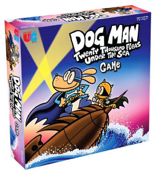 Front of the Dog Man Twenty Thousand Fleas Under the Sea board game box showing Dog Man and Li’l Petey riding an underwater vehicle