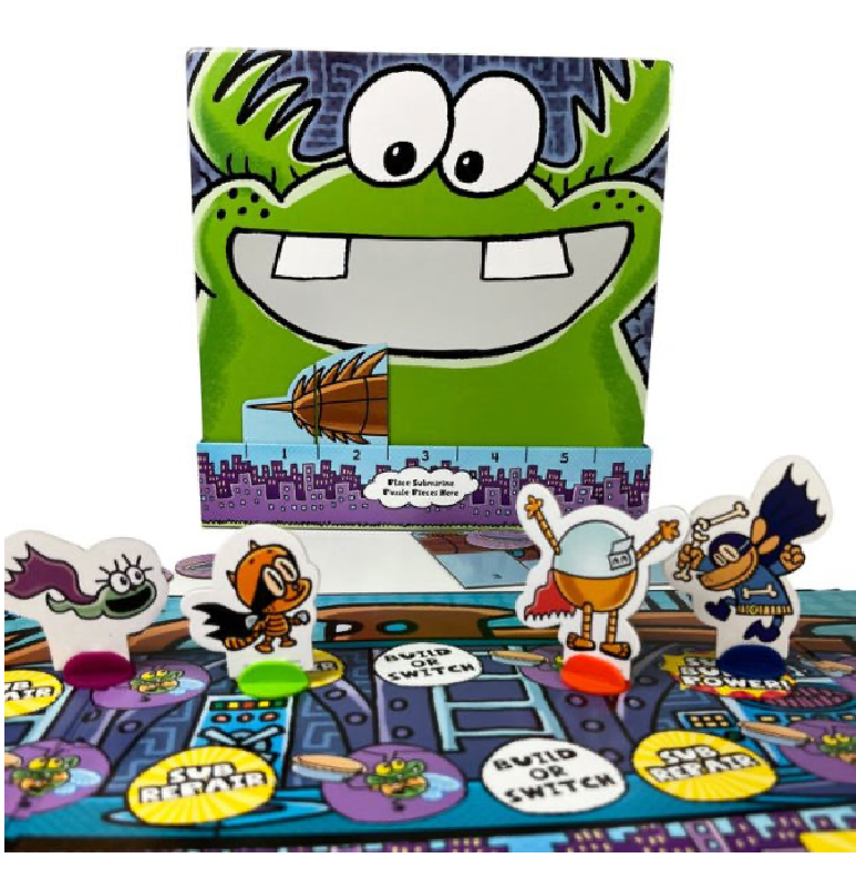 Closeup of Dog Man board game pieces and characters displayed on the unfolded game board