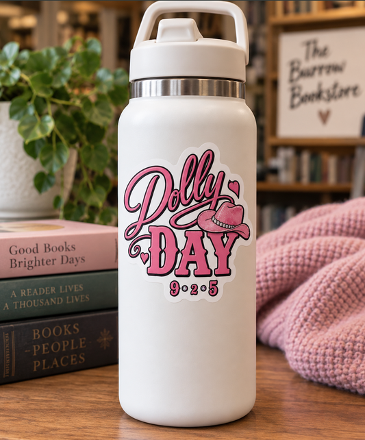 Dolly Day 9/25 three inch pink sticker with pink cowboy hat, hearts and bold Dolly Day lettering
