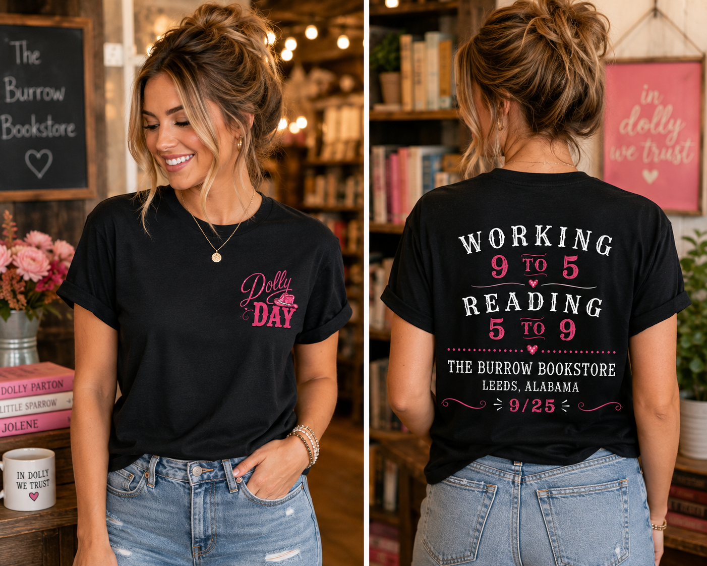 A woman modeling a black graphic T-shirt in a bookstore setting, shown from both the front and back. The front features a pink 'Dolly Day' graphic, and the back displays white and pink text reading 'WORKING 9 TO 5 READING 5 TO 9 THE BURROW BOOKSTORE KEEPS ALABAMA 9.