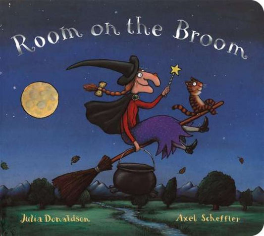 Cover of the children's book 'Room on the Broom' showing a cartoon witch riding a broom with a star in the background and a cat sitting on the broom.